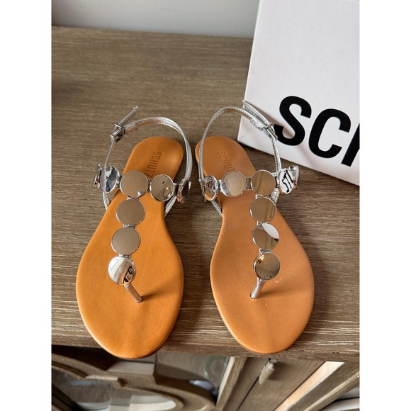 Schutz Acacia T Strap Flat Sandals Womens Metallic Silver 6.5B S0143003660002U - Picture 2 of 5